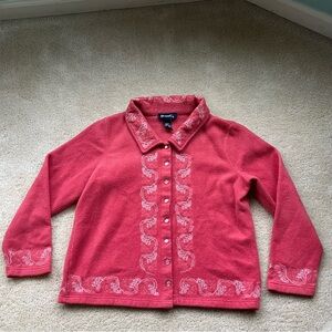 Denim & Co Women’s Embroidered Orange Fleece Jacket w/ Pearl Snaps - L  - VGUC
